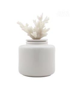 Dekor Deluxe porcelanasto bela keramična okrasna posoda s pokrovom valjaste oblike z repliko bele morske korale na vrhu pokrova.
