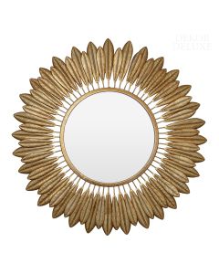 Dekor Deluxe okroglo stensko ogledalo, premera 70 cm, s pozlačenim okvirjem z vzorcem v obliki peres.