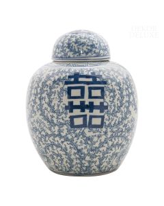 Dekor Deluxe porcelanasto bela okrasna vaza s pokrovom in modrimi poslikavami rož in kitajskim kaligrafskim napisom dvojna sreča.