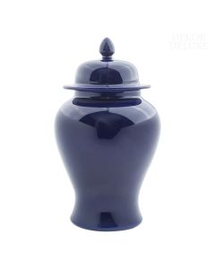 Dekor Deluxe porcelanasto modra enobarvna vaza s pokrovom tradicionalne oblike in konico na vrhu pokrova.