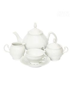 Dekor Deluxe 15 delni čajni servis bele barve iz vrhunskega porcelana z reliefnimi dekoracijami.