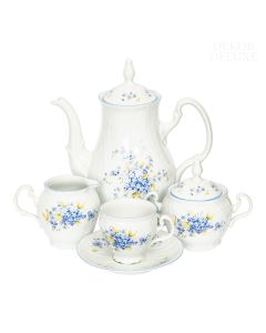 Dekor Deluxe 15 delni kavni servis bele barve iz vrhunskega porcelana s poslikavo s spominčicami.
