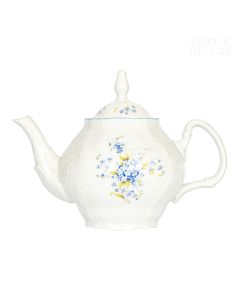 Dekor Deluxe čajnik 1,2 L s pokrovom bele barve iz vrhunskega porcelana s poslikavo s spominčicami.