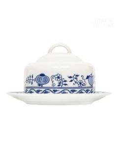 Dekor Deluxe posoda za maslo s pokrovom iz belega porcelana s poslikavo s čebulnim vzorcem.
