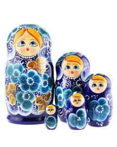 Dekor Deluxe 5 delna matrioška višine 17,5 cm temno modre barve z bogato poslikavo z motivi modrega in zlatega cvetja.