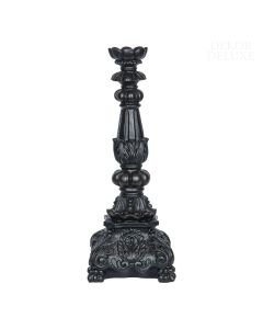 Dekor Deluxe bogato okrašen svečnik baročnega izgleda v črni barvi z reliefnimi ornamenti.