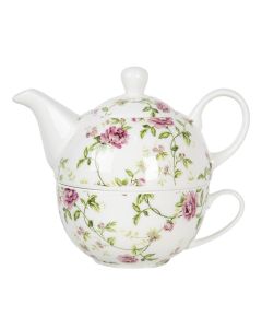 Porcelanski z roznatimi vrtnicami in zelenimi listi poslikani bel cajnik s skodelico