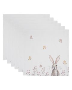 Dekor Deluxe set 6 belih prtickov potiskanih z motivom velikonocnega zajcka in rumenih in vijolicnih metuljev