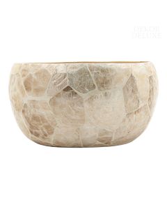 Dekor Deluxe globoka lesena dekorativna skleda s školjkami obloženo bisernato zunanjo površino in svetlo rjavo notranjo barvo.