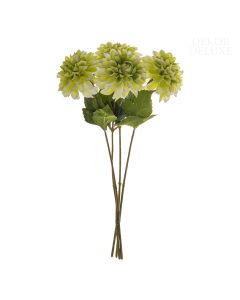 Umetne rože, šop treh dalij z belo-zelenimi cvetovi na steblu z velikimi zelenimi listi