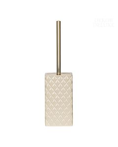 Dekor Deluxe WC garnitura s toaletno krtačo z zlatim ročajem in črnimi ščetinami v posodi barve vanilije s prefinjenim diamantnim vzorcem.