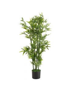 Dekor Deluxe visoka umetna rastlina bambus z zelenimi stebli in košatimi suličastimi listi v črnem lončku iz umetne mase.
