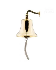 Zlat ladijski zvon iz kovine, visok 25 cm, s pleteno vrvjo za zvonjenje in z dodatkom za pritrditev na steno.
