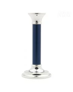 Dekor Deluxe - Svečnik visok 18 cm, za eno svečo, okrogel srebrni podstavek in vrhnji del, temno modri sredinski del, preproste linije.
