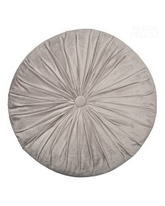 Dekor Deluxe - Žametna okrasna blazina sivo-rjave barve, okrogle oblike z nagubano površino in gumbom na sredini. 