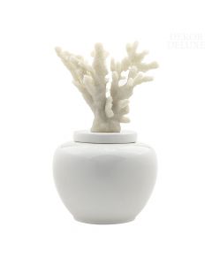 Dekor Deluxe porcelanasto bela keramična okrasna posoda s pokrovom okrogle oblike z repliko bele morske korale na vrhu pokrova.