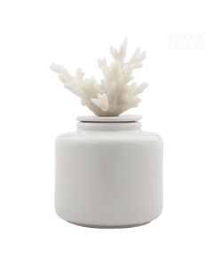 Dekor Deluxe porcelanasto bela keramična okrasna posoda s pokrovom valjaste oblike z repliko bele morske korale na vrhu pokrova.