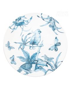 Dekor Deluxe belo moder z motivi papig, tukanov, metuljev in pragozdnih rastlin poslikan dekorativni krožnik.