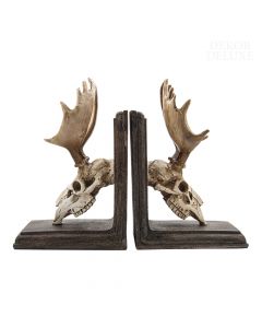 Dekor Deluxe lovsko držalo za knjige z dvema miniaturnimi jelenovimi ali losovimi lobanjami z bogatimi in ploščatimi rogovi.