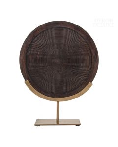 Dekor Deluxe rjava lesena plošča z vzorcem krogov, široka 35 cm in na zlatem stojalu.