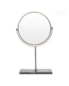 Dekor Deluxe vrtljivo okroglo ogledalo premera 24 cm, bronaste barve, na stojalu in kamnitem podstavku s sivim marmornatim vzorcem.