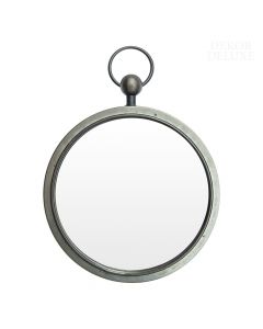 Dekor Deluxe okroglo sivo stensko ogledalo, visoko 42 cm, preprostih linij in z okrasnim obročkom na vrhu.