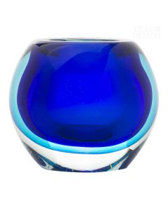 Dekor Deluxe majhen okrogel stekleni svečnik za čajno svečo, temno modre barve, visok 10 cm.