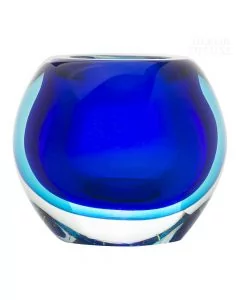 Dekor Deluxe majhen okrogel stekleni svečnik za čajno svečo, temno modre barve, visok 10 cm.