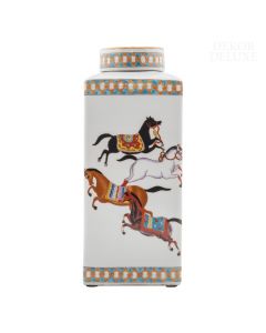 Dekor Deluxe podolgovata kvadratna vaza s pokrovom bogato poslikana s pisanimi ornamenti in motivi razigranih konjev s sedli.