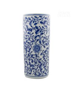 Dekor Deluxe keramično stojalo za dežnike v obliki valja, visoko 45 in široko 19 cm, bele barve z modrim potiskom rastlin.