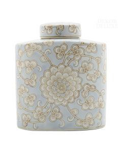 Dekor Deluxe svetlo modra keramična okrasna vaza s pokrovom, dvodebelinske ovalne oblike, poslikana z rjavo belimi motivi rož in listov.