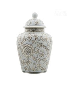 Dekor Deluxe svetlo modra keramična okrasna vaza s pokrovom, višje stebričaste oblike, poslikana z rjavo belimi motivi rož in listov.