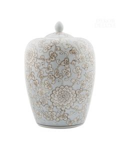Dekor Deluxe svetlo modra keramična, stebričasta okrasna vaza z majhnim ugreznjenim pokrovom, poslikana z rjavo belimi motivi rož in listov.