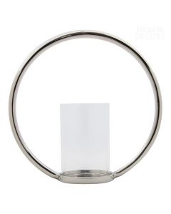 Dekor Deluxe stekleno-kovinski svečnik, visok 30 cm, iz srebrnega kovinskega ogrodja v krogu, spodaj pa steklen lonček za svečo.