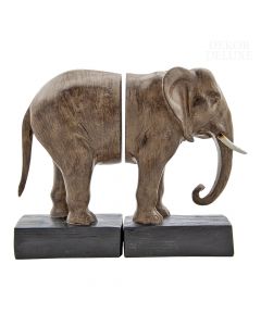 Dekor Deluxe masivno držalo za knjige v obliki skulpture prepolovljenega rjavo sivega slona na črnem podstavku.