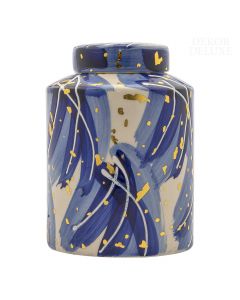 Dekor Deluxe okrasna vaza s pokrovom, poslikana s prostoročnimi črtami v peščeni, modri, beli on zlati barvi.