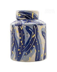 Dekor Deluxe okrasna vaza s pokrovom, poslikana s prostoročnimi črtami v peščeni, modri, beli on zlati barvi.