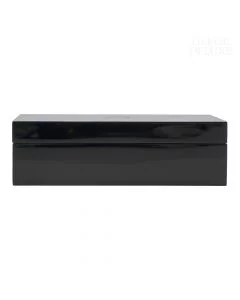 Dekor Deluxe lesena šatulja za nakit, visoka črna škatlica z zlatim ornamentom na pokrovu, bež notranjost iz blaga, dimenzij 25,5 x 7,5 x 15 cm.
