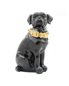Dekor Deluxe črna figura sedečega psa - mopsa, s srebrno ovratnico, iz umetne mase, visoka 26 in široka 16 cm.