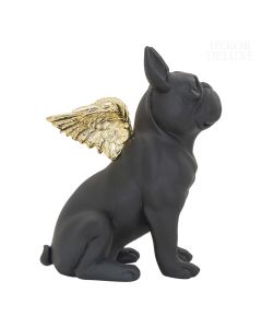 Dekor Deluxe črna figura sedečega psa - francoskega buldoga, z zlatimi krili, iz umetne mase, visoka 25 cm in široka 14 cm.