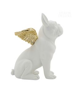 Dekor Deluxe bela figura sedečega psa - francoskega buldoga, z zlatimi krili, iz umetne mase, visoka 25 cm in široka 14 cm.