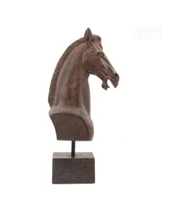 Dekor Deluxe rjava figura konjske glave z odprtimi usti, iz umetne mase, na rjavem stojalu.
