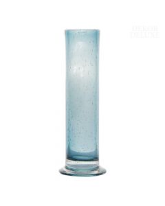 Dekor Deluxe visoka ozka valjasta steklena vaza modre barve, visoka 29 cm, primerna za posamezne rože ali manjše šopke rož.