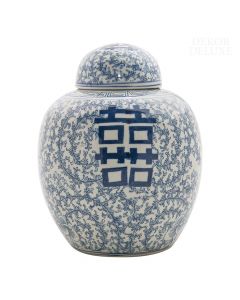 Dekor Deluxe porcelanasto bela okrasna vaza s pokrovom in modrimi poslikavami rož in kitajskim kaligrafskim napisom dvojna sreča.