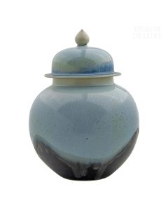 Dekor Deluxe okrogla svetlo modra okrasna vaza s pokrovom, s temnejšo rjavo spodnjo stranjo, ki se na vrhu pokrova zaključuje s konico.