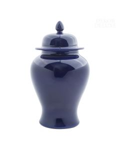 Dekor Deluxe porcelanasto modra enobarvna vaza s pokrovom tradicionalne oblike in konico na vrhu pokrova.