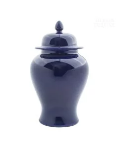 Dekor Deluxe porcelanasto modra enobarvna vaza s pokrovom tradicionalne oblike in konico na vrhu pokrova.