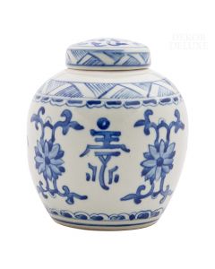 Dekor Deluxe porcelanasto bela okrasna vaza s pokrovom in modrimi poslikavami rož, ornamenti in kitajskim kaligrafskim napisom.