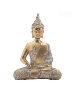 Dekor Deluxe pozlačen kipec Bude v sedečem položaju med meditacijo s prekrižanimi nogami, zaprtimi očmi in zloženimi rokami.