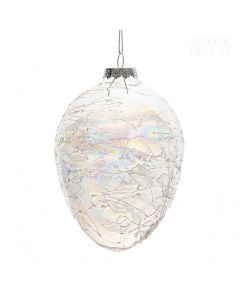 Dekor Deluye podolgovata steklena jajčka z pričvrščeno vrvico, neenakomerno hrapavo površino in prelivajočimi rahlimi mavričnimi barvami.